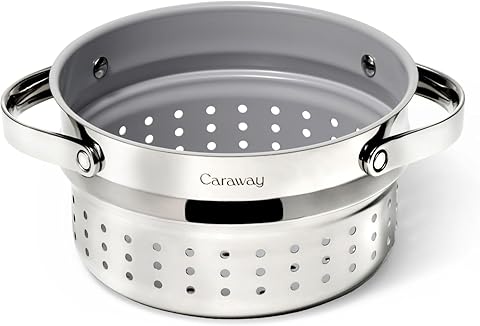 Caraway Steamer - Stainless Steel Steamer with Handles - Non Stick, Non Toxic Coating - Steam Veggies, Seafood, and More