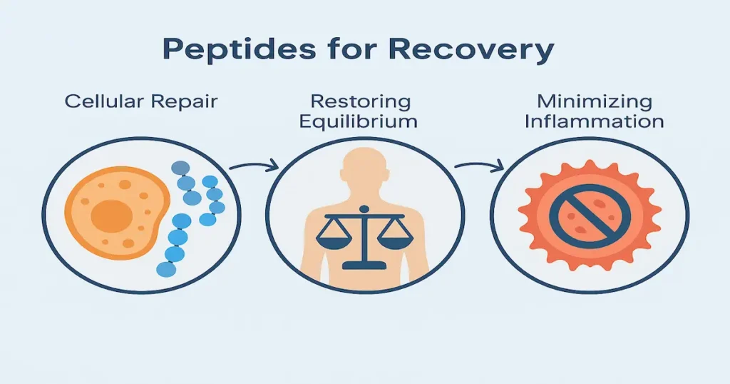 Peptides aimed at helping a patient's recovery can heal the body more quickly by aiding with cellular repair, minimizing inflammation, and restoring equilibrium which enhances overall recovery. 